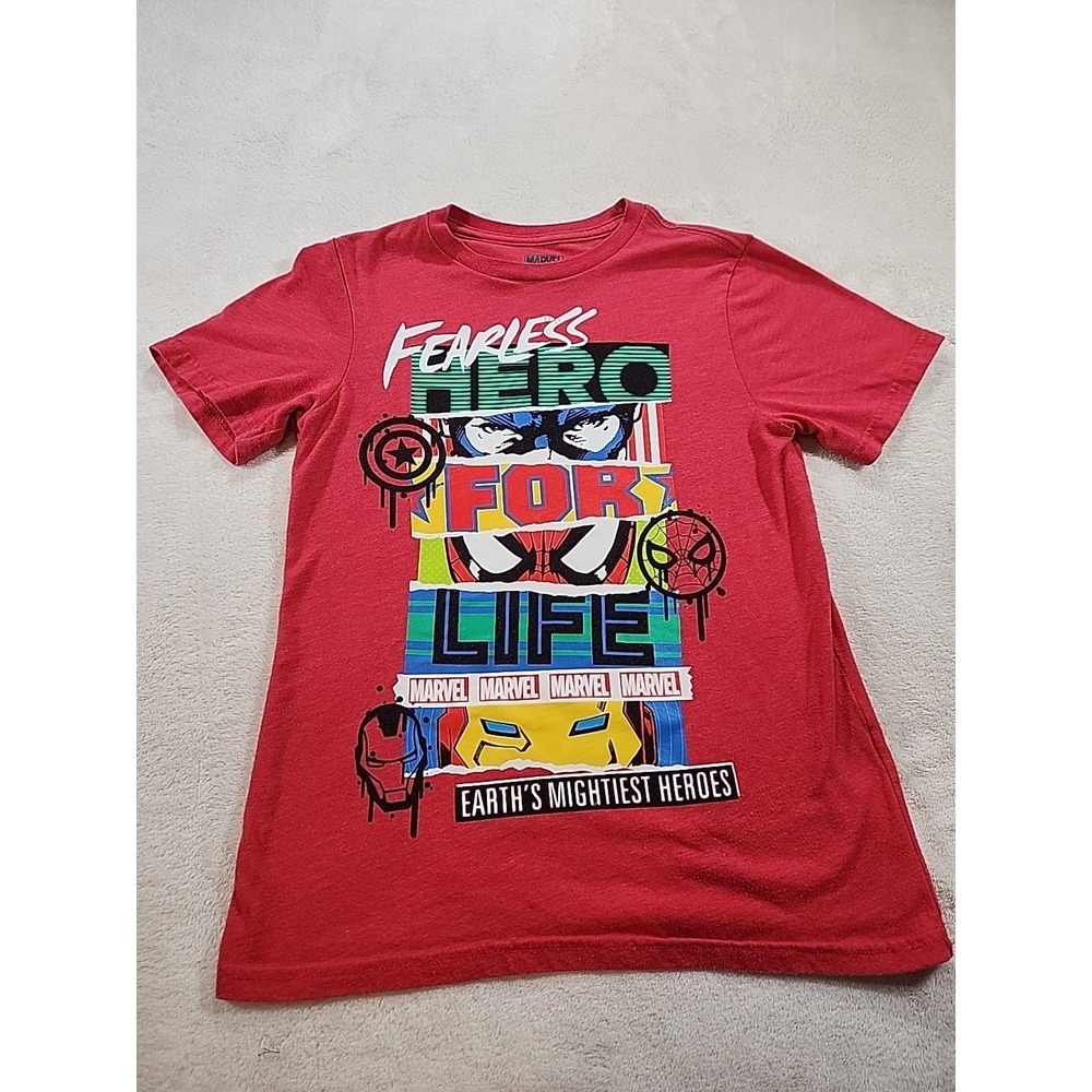 Boys Marvel Avengers Fearless Hero for Life T-shirt Large Spiderman Iron Man Euc - Picture 1 of 5